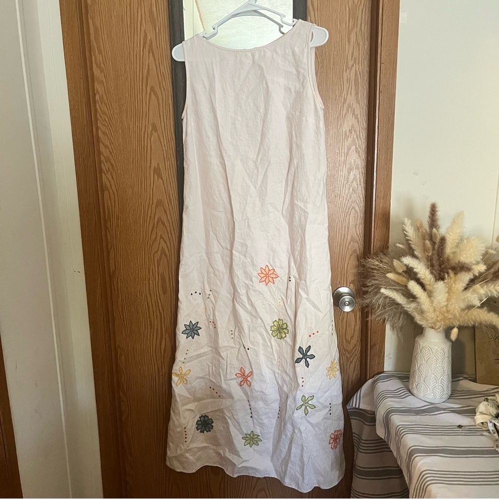 Floral Embroidered Pink Linen Maxi Dress Natural Fibers